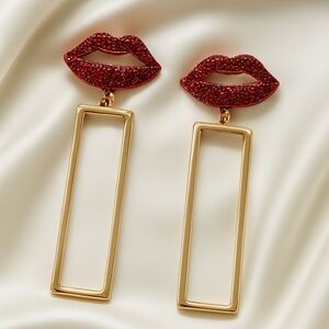 Red Lips & Gold Rectangle Drop Earrings – Glamorous Dangle Design 2.25-inch